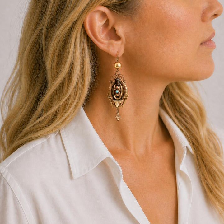 Victorian Turquoise Gemstone Dangle Drop Antique Earrings
