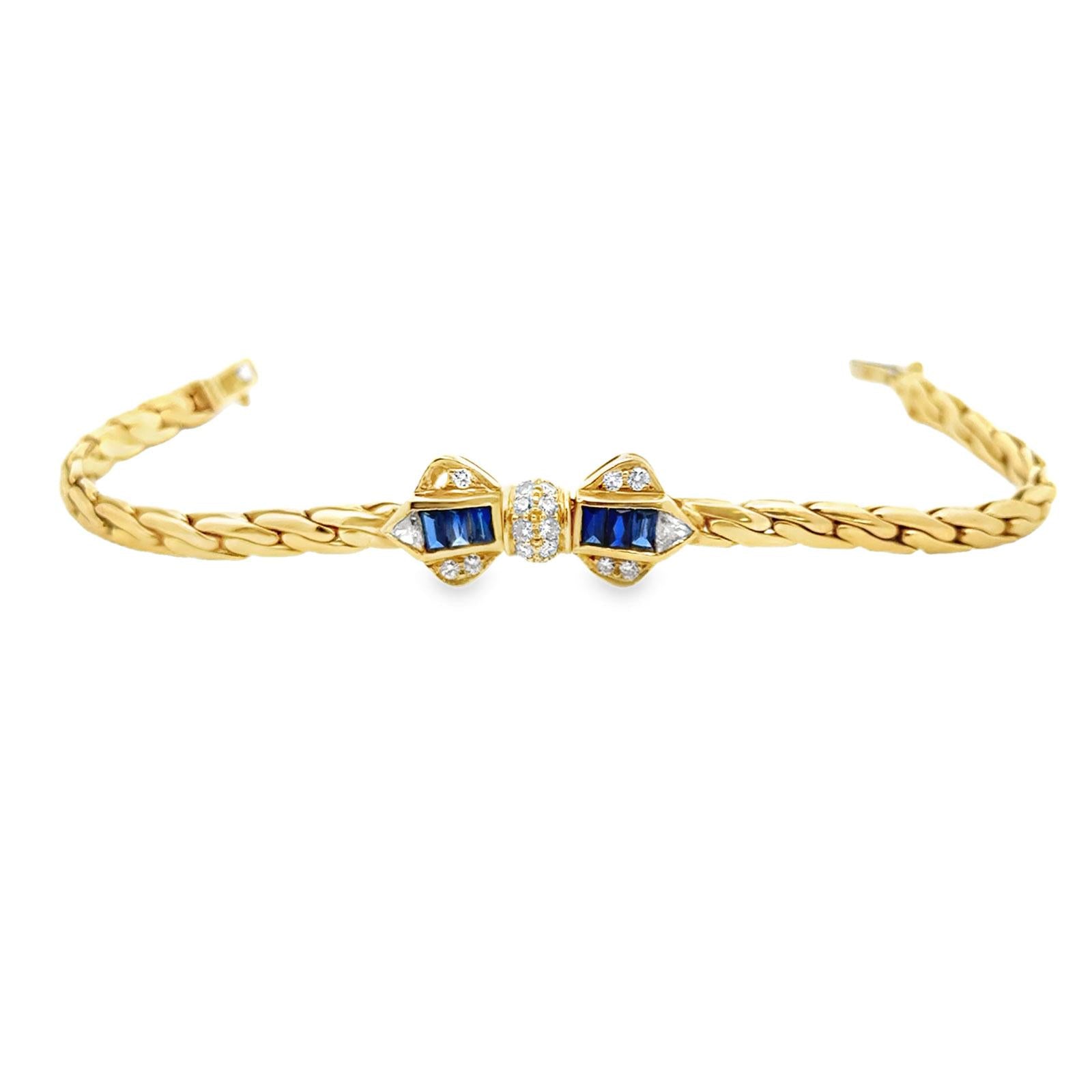 Diamond Blue Sapphire 18 Karat Yellow Gold Bow Motif Link Vintage Bracelet