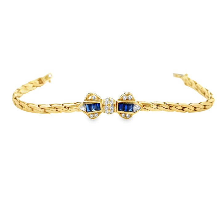 Diamond Blue Sapphire 18 Karat Yellow Gold Bow Motif Link Vintage Bracelet