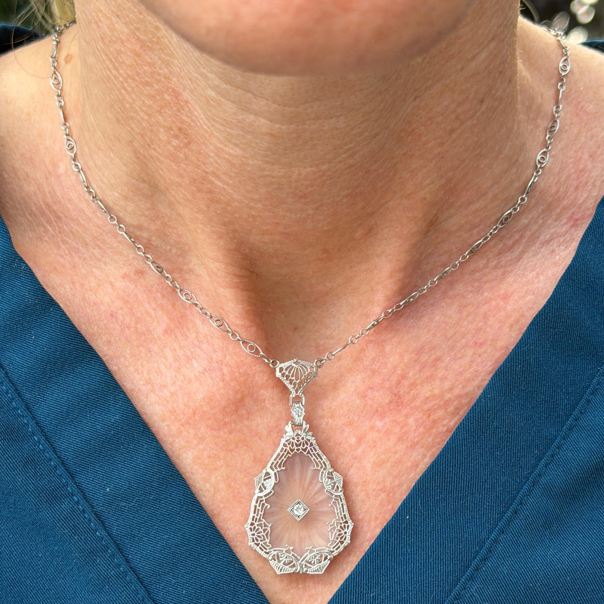 Art Deco Diamond Rock Crystal 14 Karat White Gold Vintage Pendant Necklace