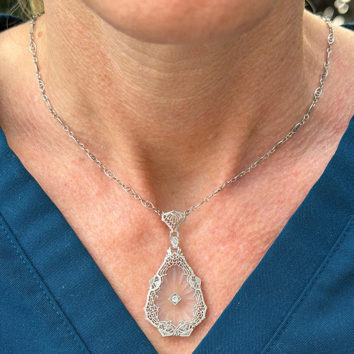 Art Deco Diamond Rock Crystal 14 Karat White Gold Vintage Pendant Necklace