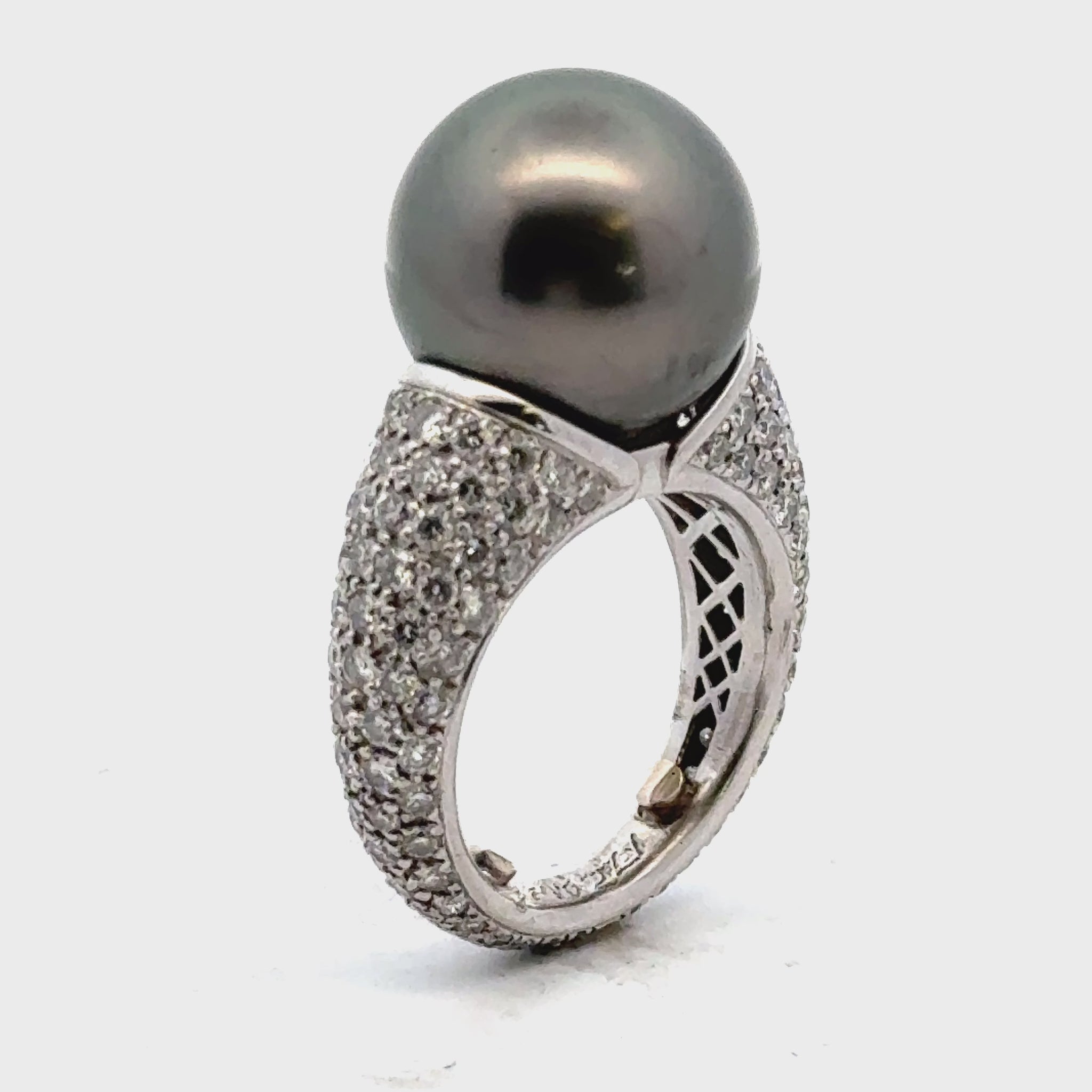 Modern Black Tahitian Pearl Diamond Platinum Cocktail Ring