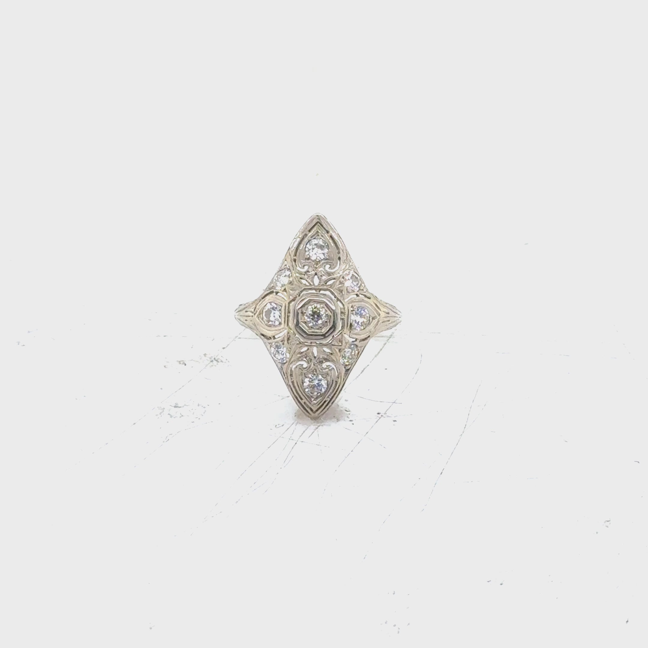 Art Deco Old European Cut Diamond 18 Karat White Gold Cocktail Ring