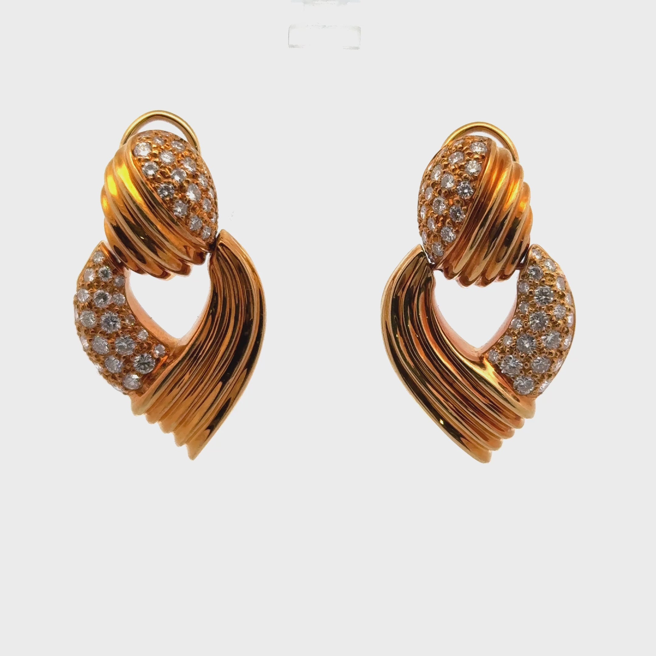 1960's Diamond 18 Karat Yellow Gold Door Knocker Leverback Vintage Earrings