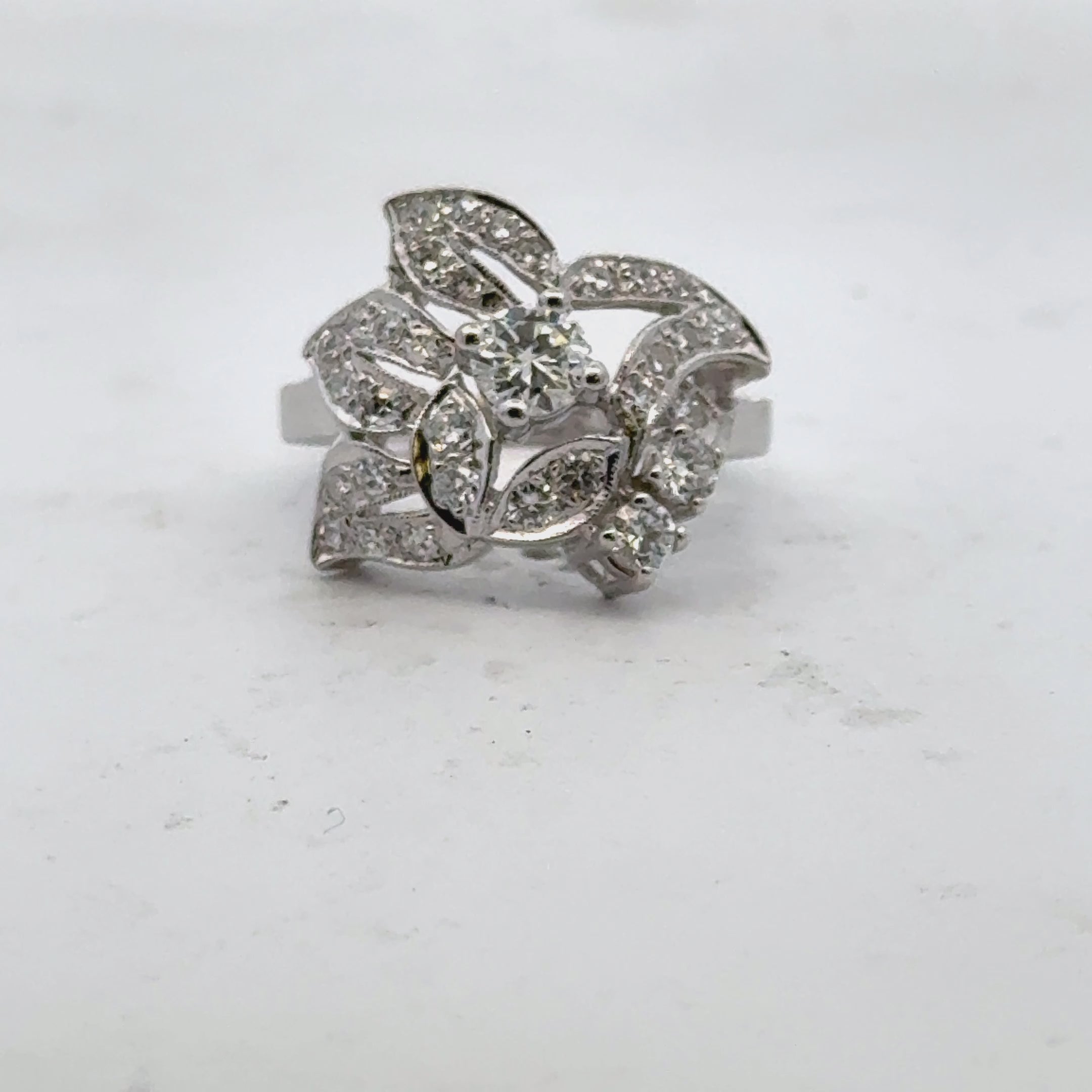 Mid-20th Century Diamond Floral Motif 14 Karat White Gold Vintage Ring