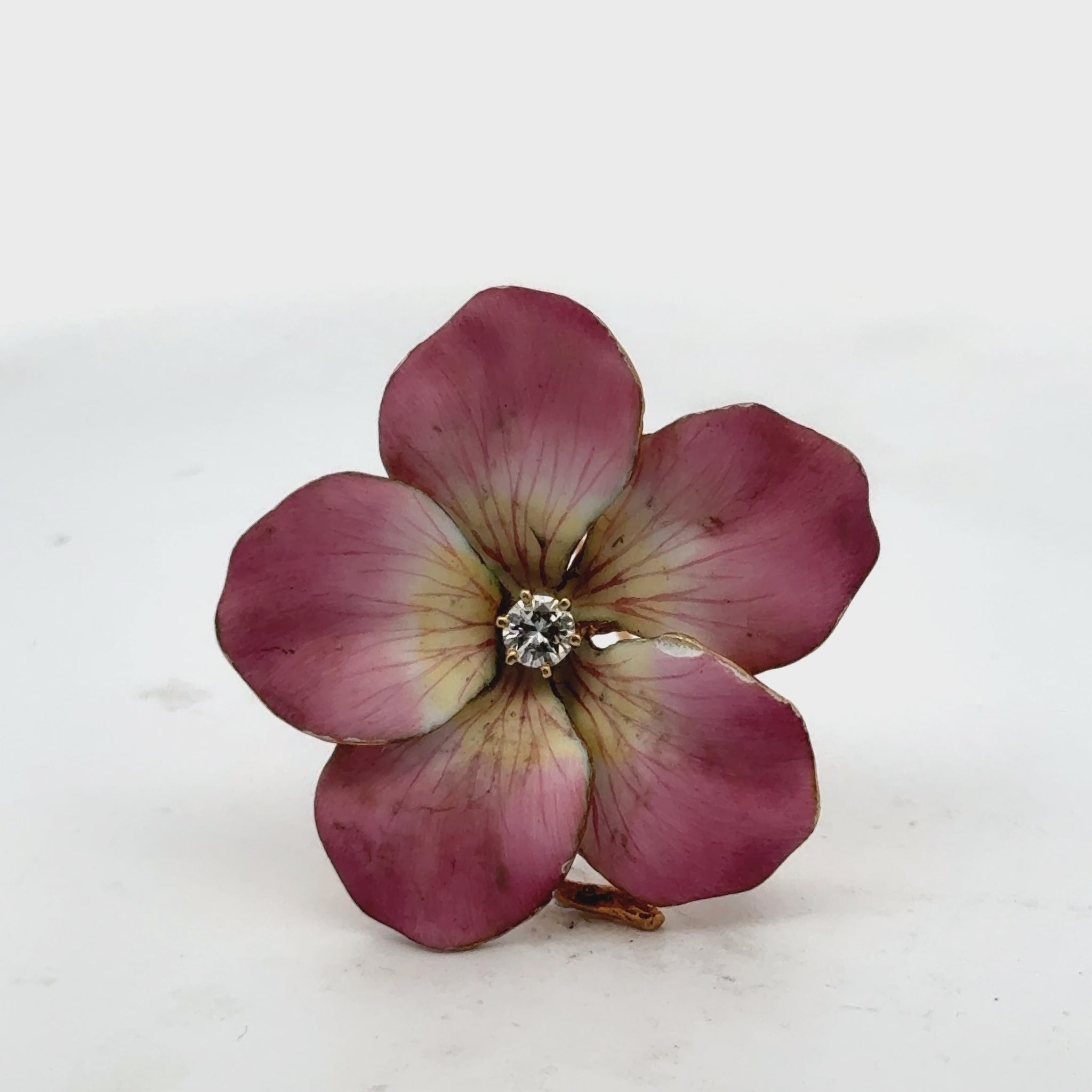 Mid-20th Century Pink Enamel Diamond 14KY Gold Pansy Floral Brooch