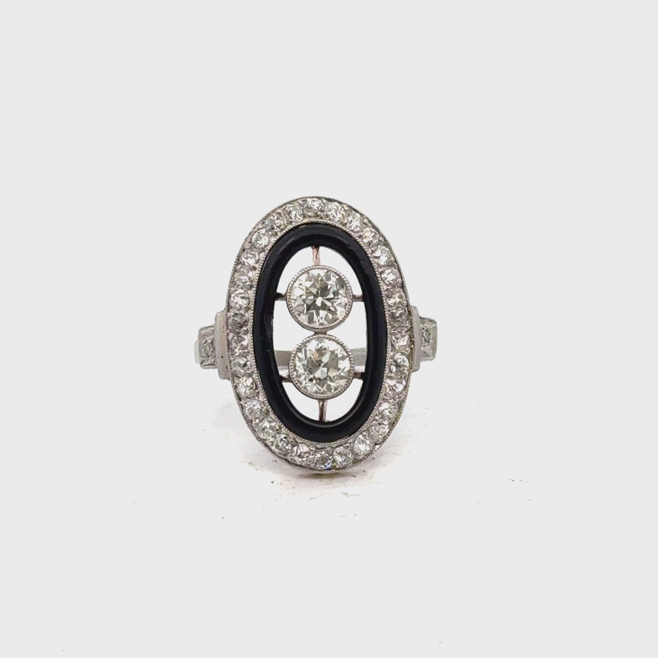 Art Deco Old European-Cut Diamond Black Enamel Platinum Cocktail Ring