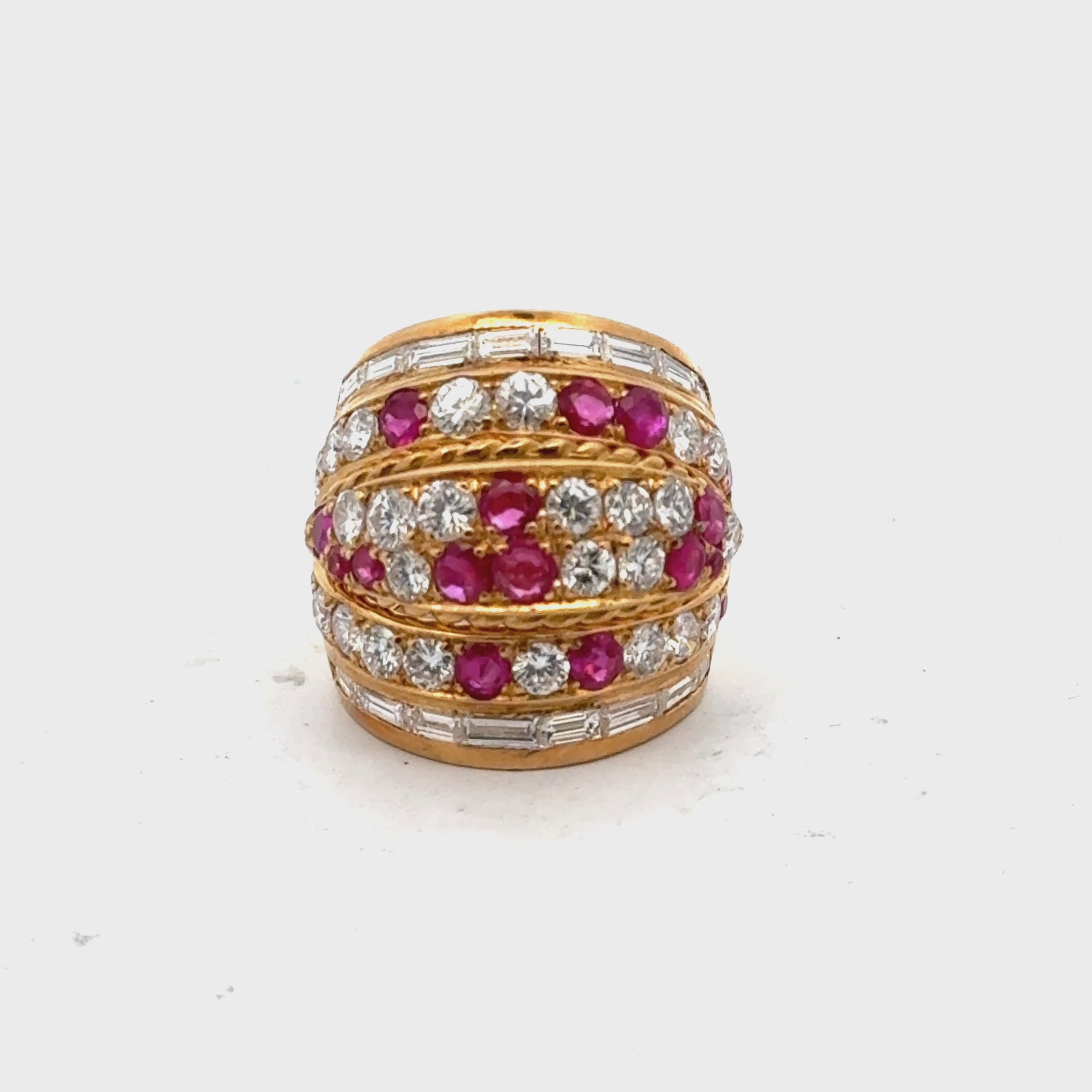 Diamond Ruby Six Row 18 Karat Yellow Gold Wide Band Ring