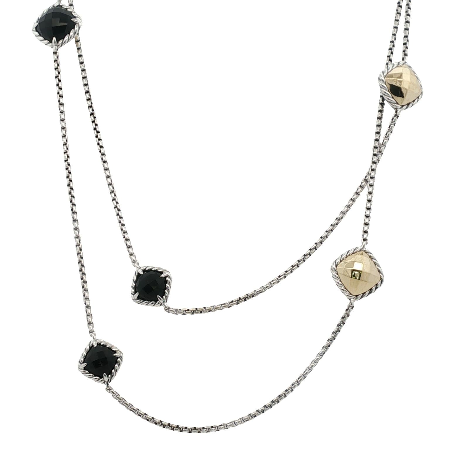 David Yurman Onyx 18 Karat Yellow Gold 6 Station 36 Inch Sterling SilverNecklace