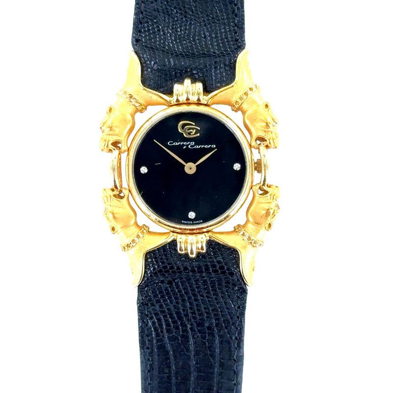 Rare Carrera Y Carrera 18 Karat Yellow Gold Panther Head Diamond Dial Watch
