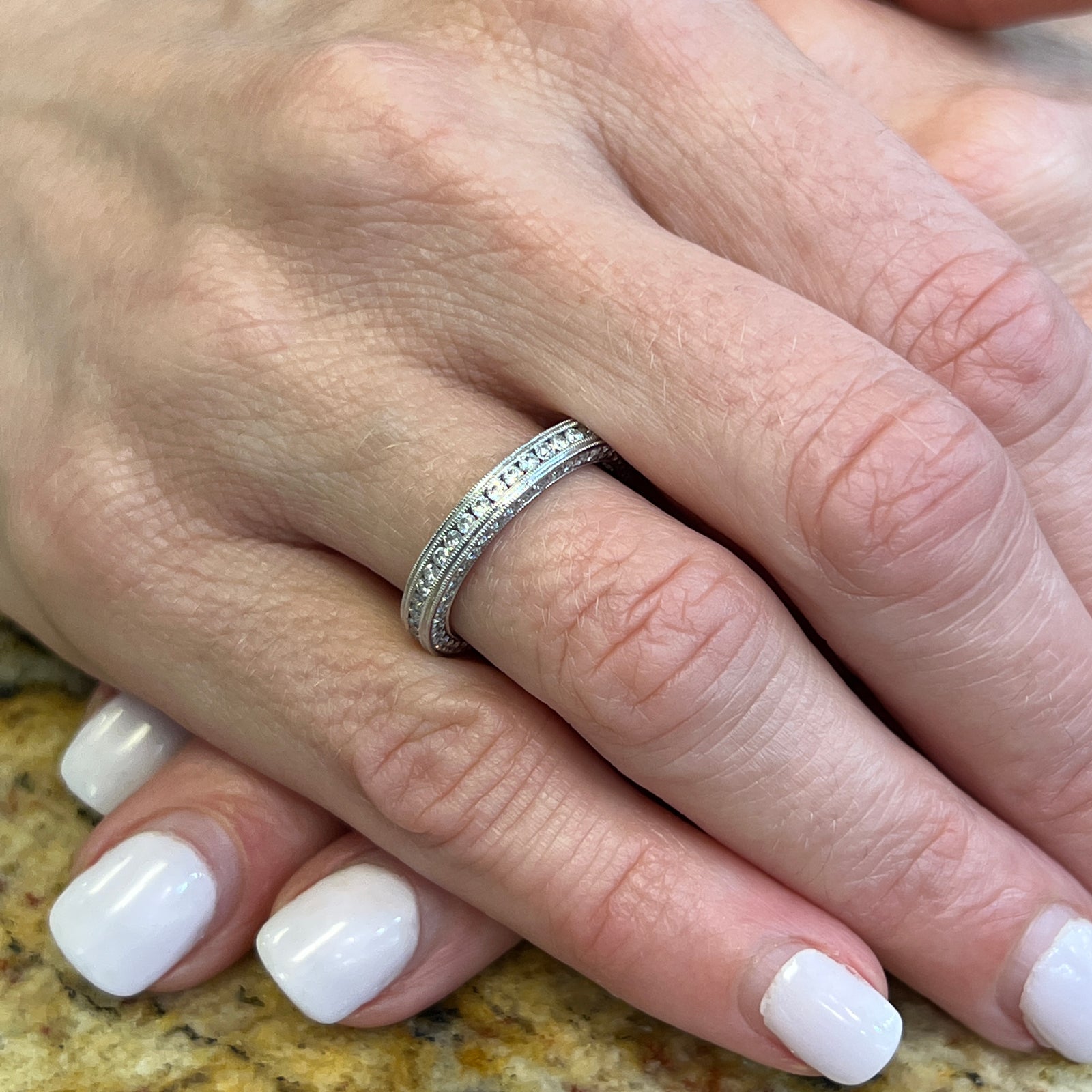 Three Sided Diamond 18 Karat White Gold Milgrain Wedding Band Ring