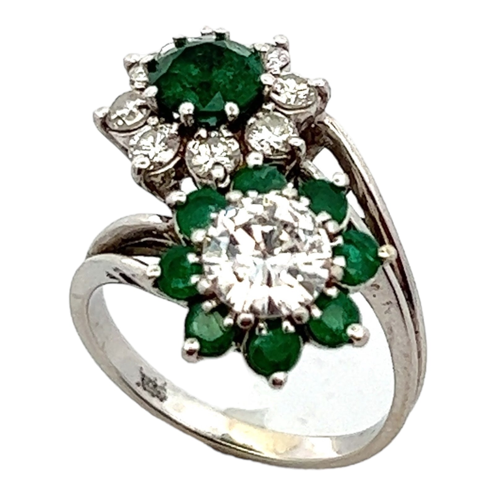 1950's Diamond Emerald 18K White Gold Bypass Estate Ring
