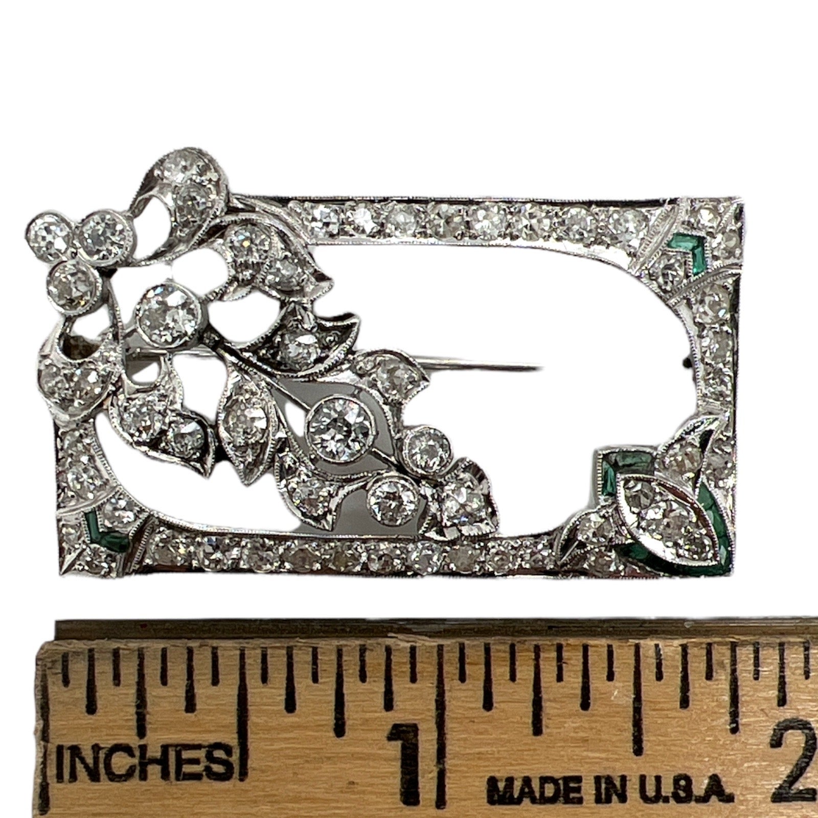Art Deco Diamond Emerald Platinum Brooch Pin