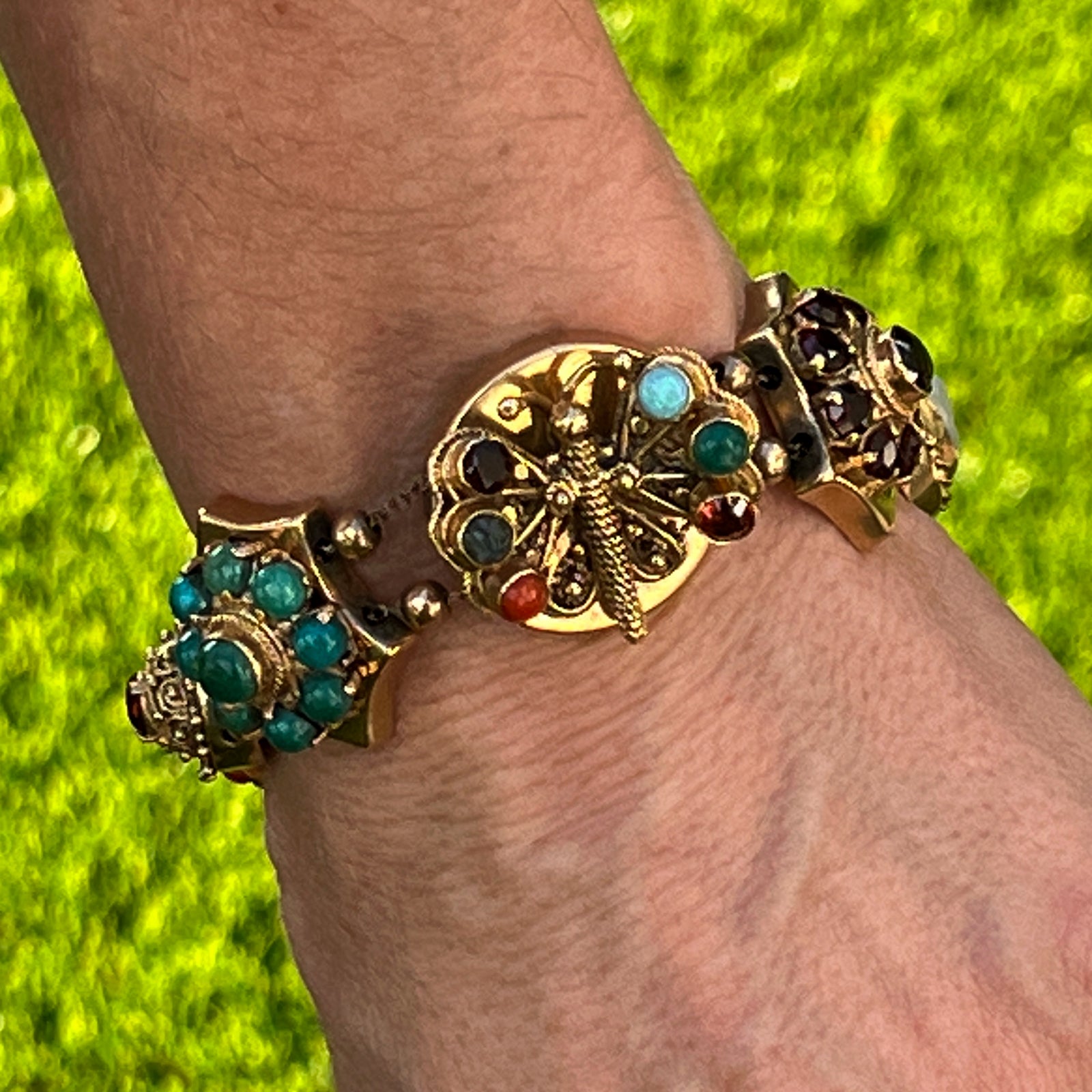 Coral Turquoise Cameo Butterfly 14KYG Vintage Slide Bracelet