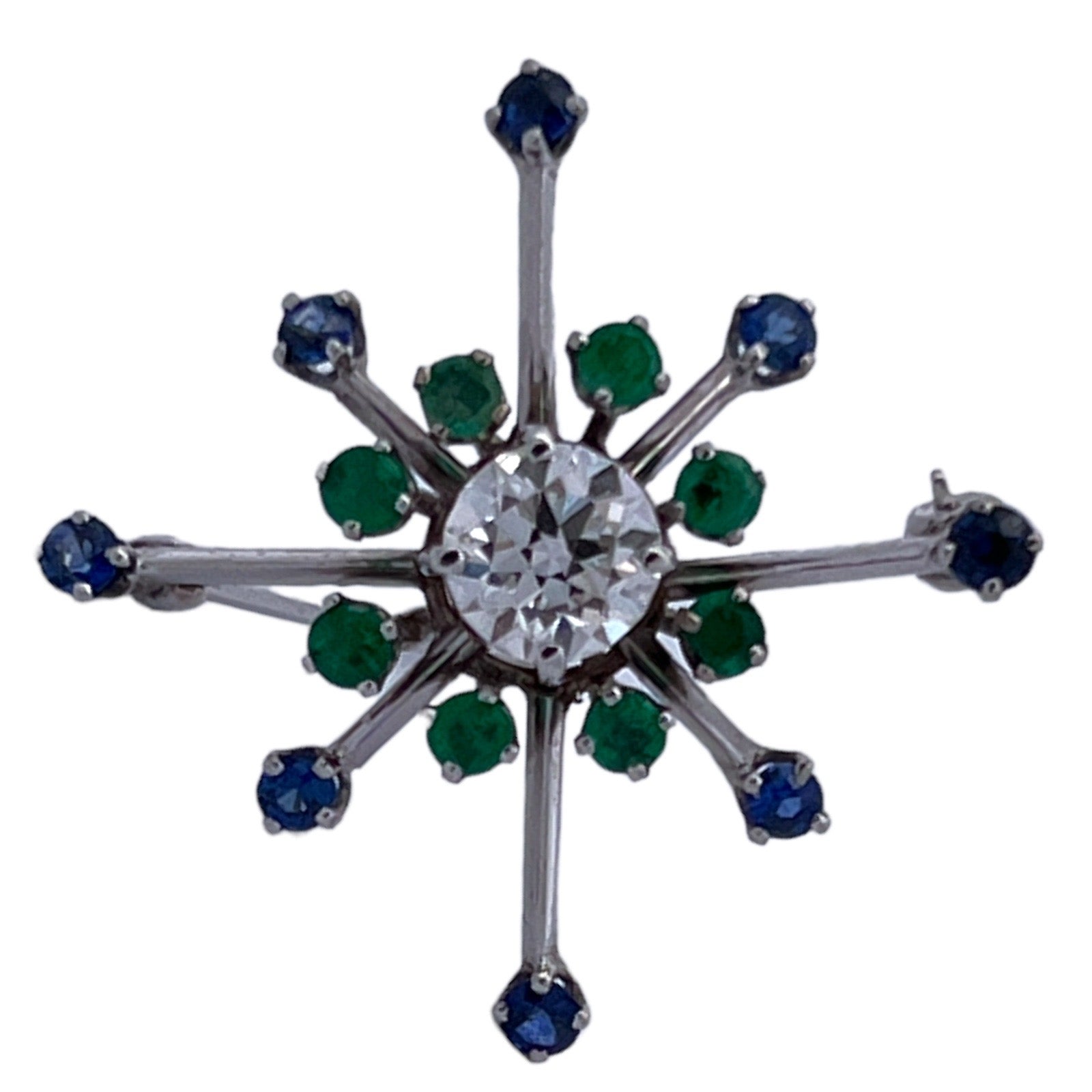 Old European Cut Diamond Sapphire Emerald Pendant Pin