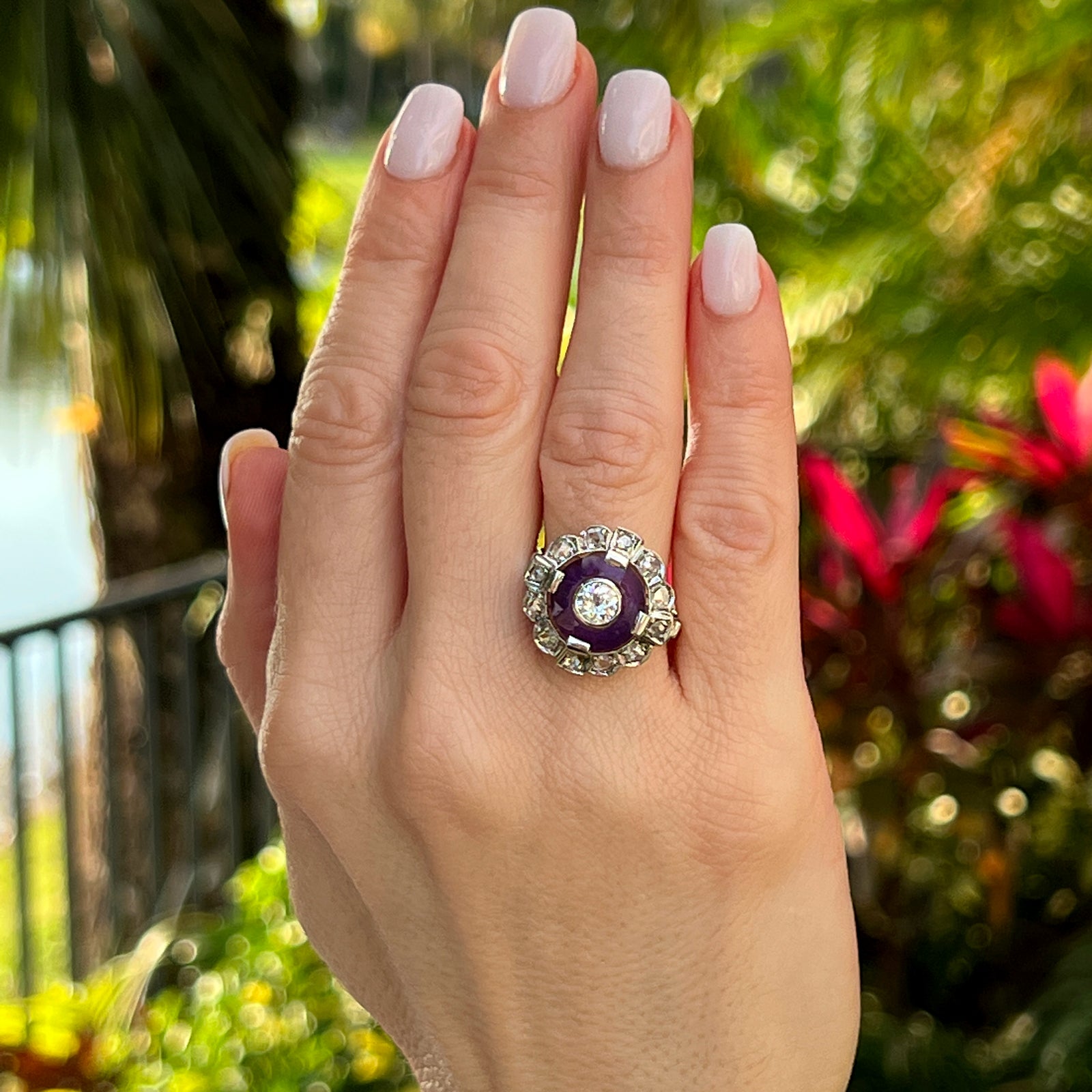 Art Deco Diamond Amethyst Platinum Yellow Gold Cocktail Ring