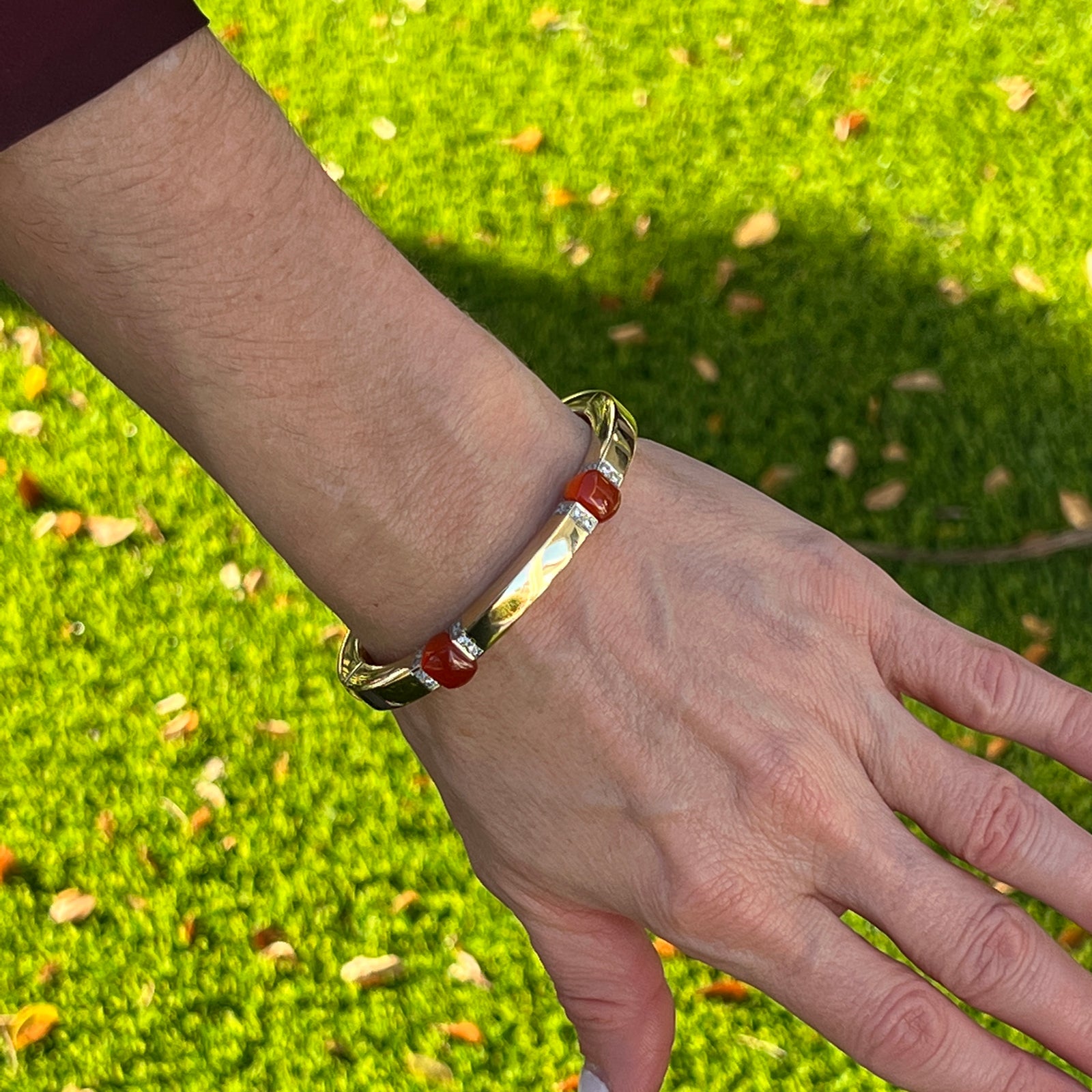 Diamond Carnelian 18 Karat Yellow Gold Square Hinged Bangle