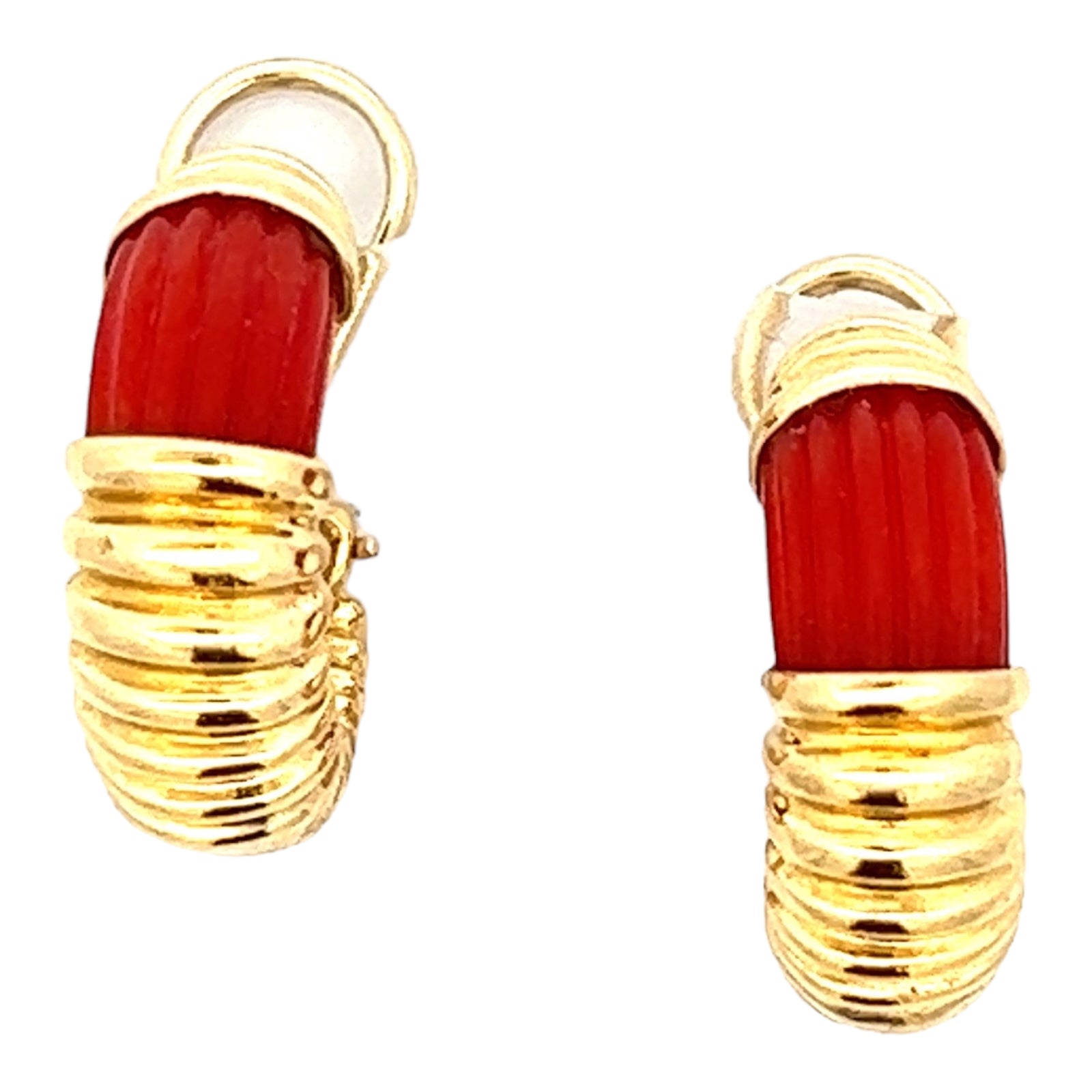 Carnelian 18 Karat Yellow Gold Ribbed Half Hoop Earclip Earrings