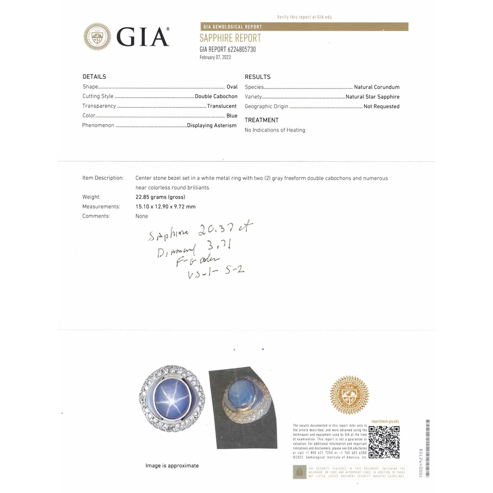 No Heat Natural Blue Star Sapphire Diamond 18K White Gold Cocktail Ring GIA Cert