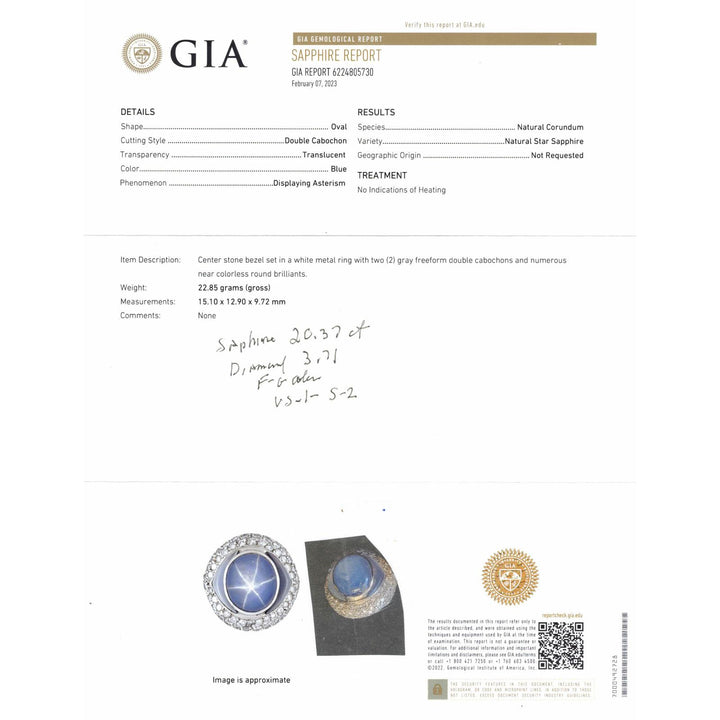 No Heat Natural Blue Star Sapphire Diamond 18K White Gold Cocktail Ring GIA Cert