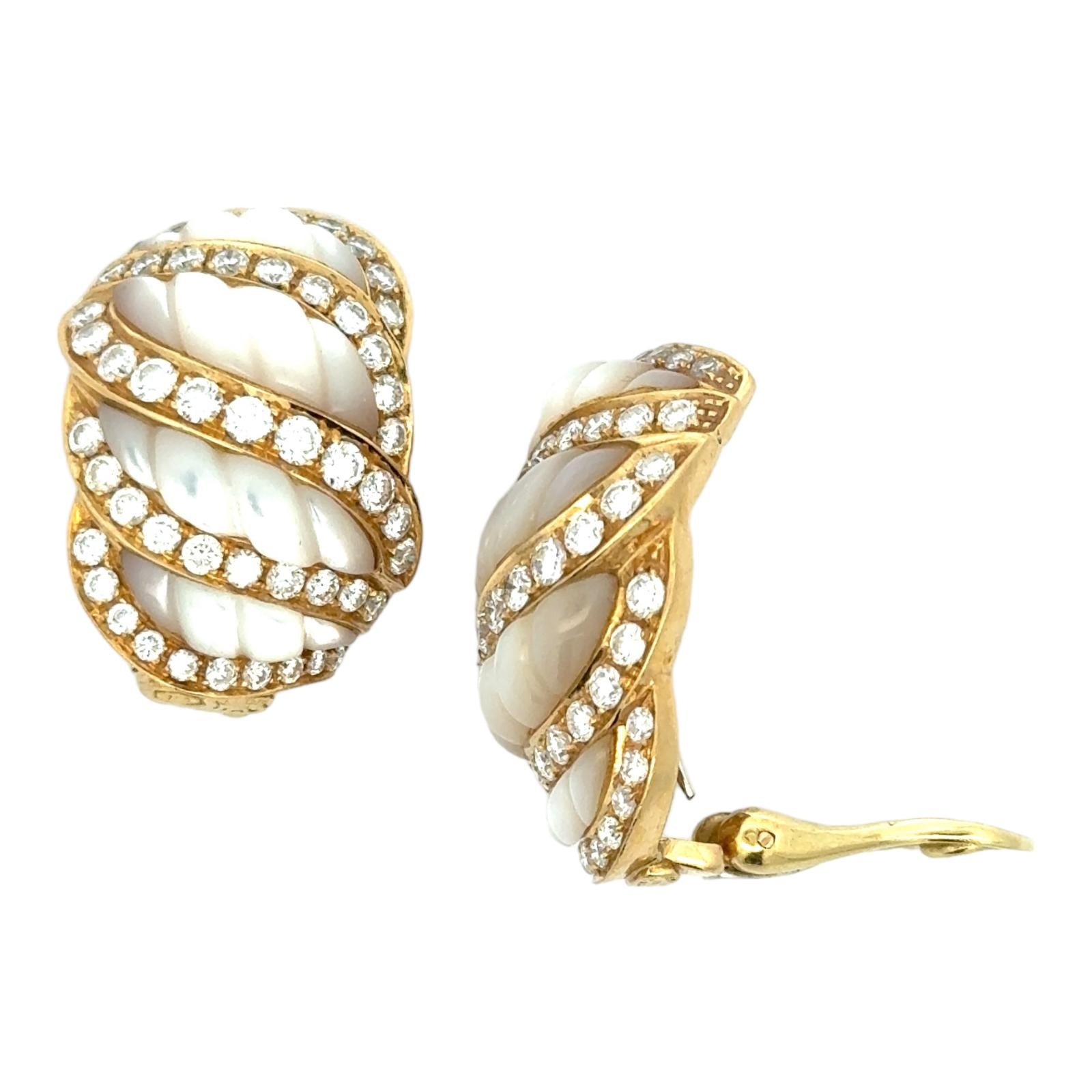 Italian Diamond Carved Mother of Pearl 18 Karat Yellow Gold Shrimp Earrings