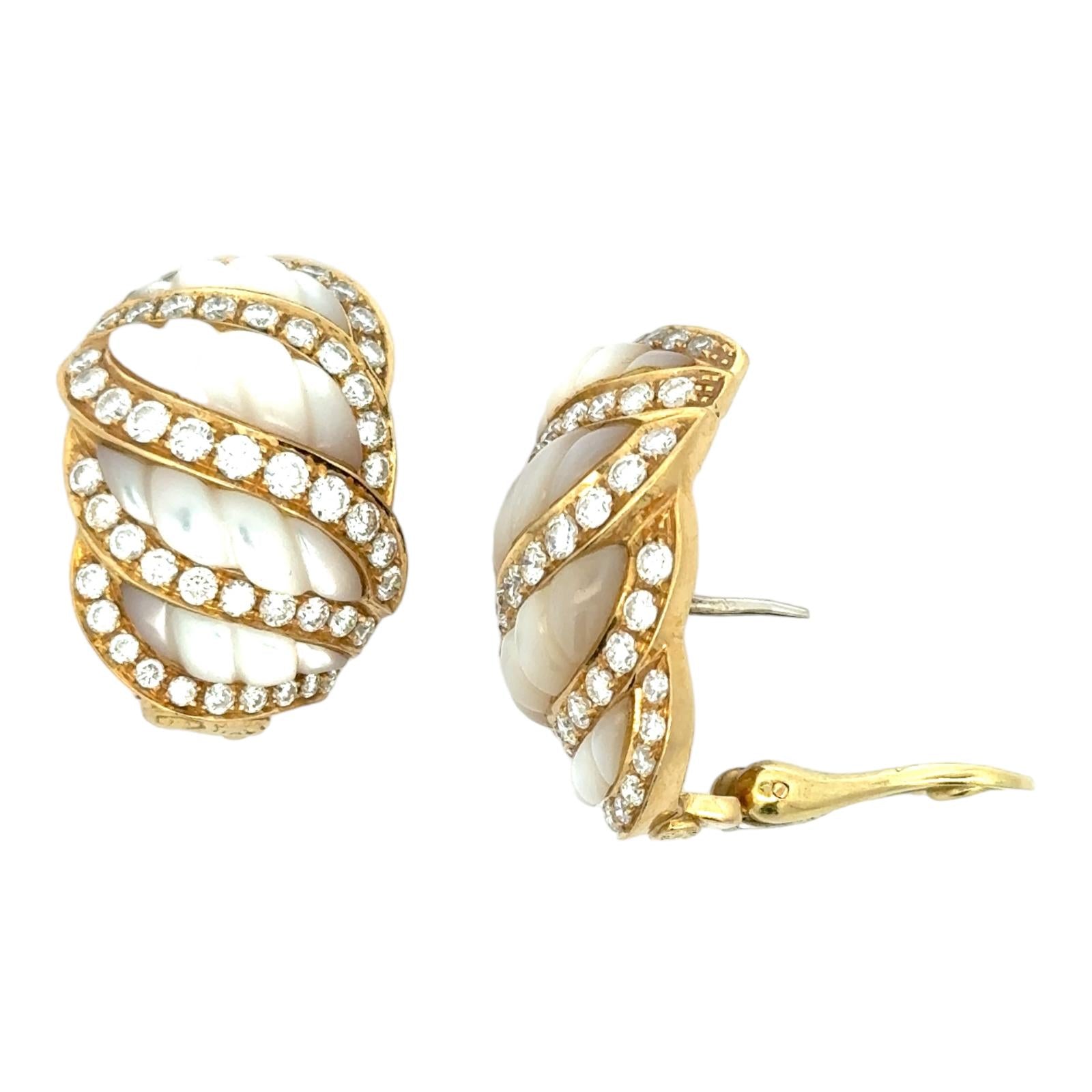 Italian Diamond Carved Mother of Pearl 18 Karat Yellow Gold Shrimp Earrings