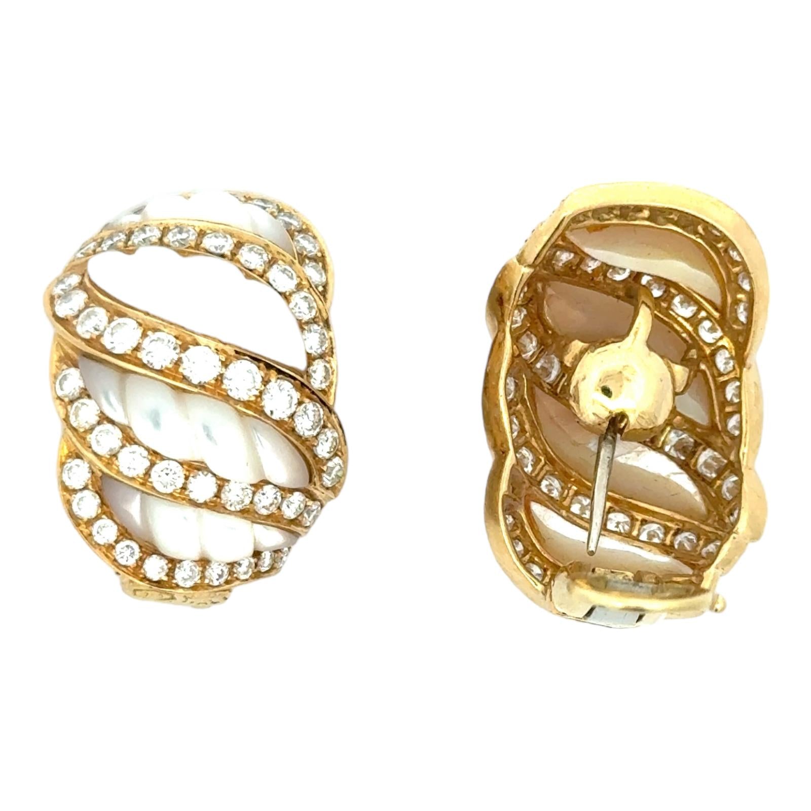 Italian Diamond Carved Mother of Pearl 18 Karat Yellow Gold Shrimp Earrings