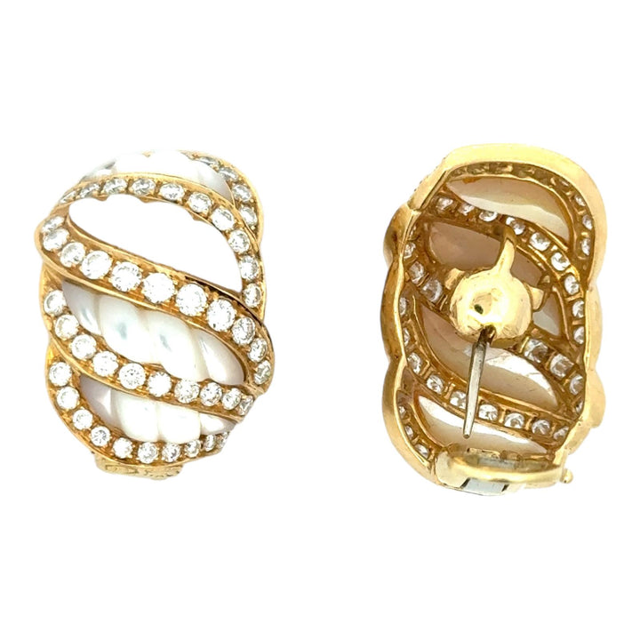 Italian Diamond Carved Mother of Pearl 18 Karat Yellow Gold Shrimp Earrings