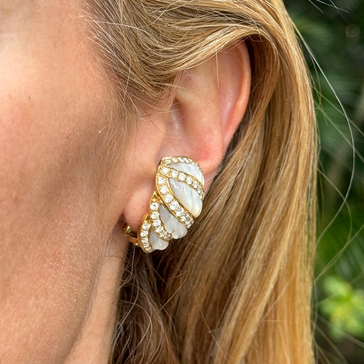 Italian Diamond Carved Mother of Pearl 18 Karat Yellow Gold Shrimp Earrings