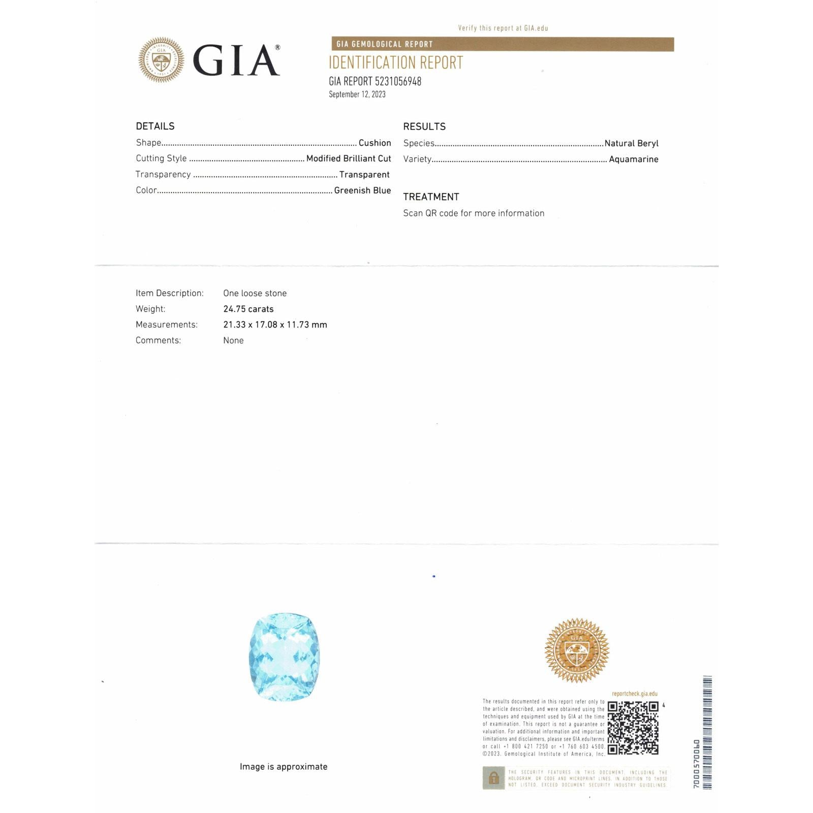 24.5 Carat Aquamarine & Diamond 18 Karat White Gold Pendant GIA Certified