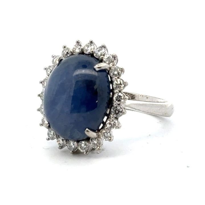 20 Carat Blue Cabochon Sapphire & Diamond 18 Karat White Gold Ring