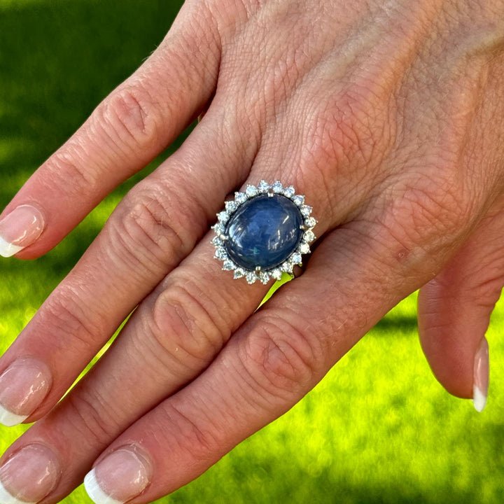 20 Carat Blue Cabochon Sapphire & Diamond 18 Karat White Gold Ring