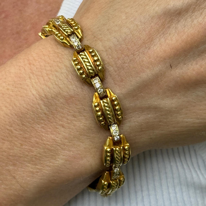 Etruscan Style Diamond 18 Karat Yellow Gold Link Bracelet