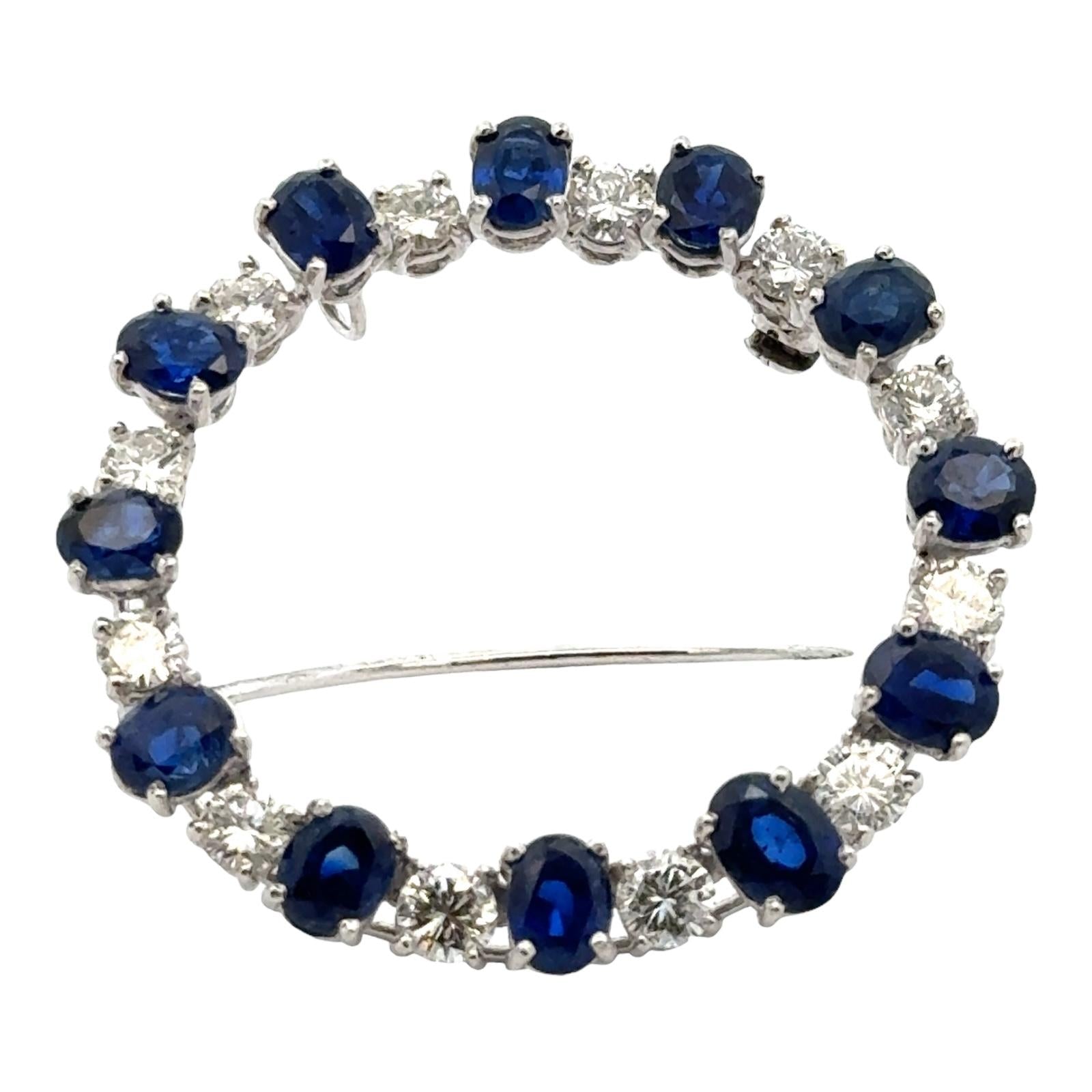 1960's Diamond & Blue Sapphire Platinum Circle Pin Brooch