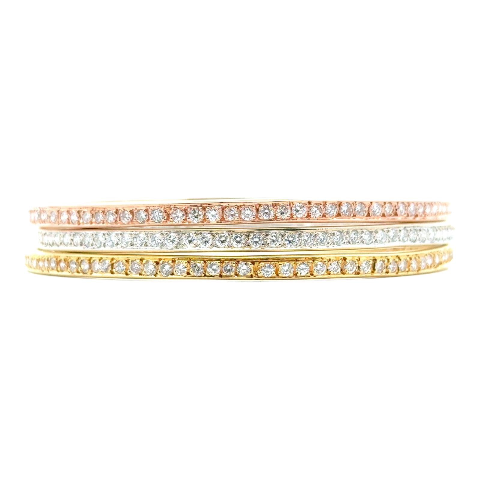 18K Tri Color Gold Diamond Bangle Bracelets Set of 3