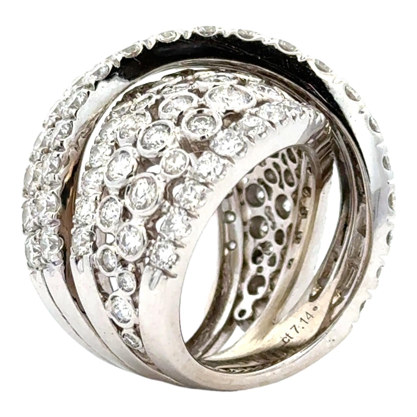 7 CTW Round Brilliant Cut Diamond Crossover 18 Karat White Gold Wide Band Ring