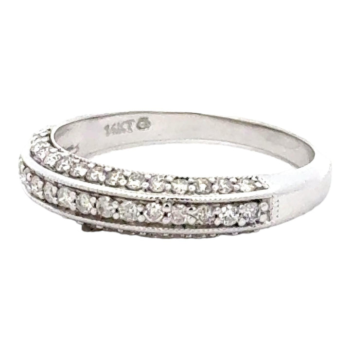 Three Sided Round Brilliant Cut Diamond 14 Karat White Gold Wedding Band Ring