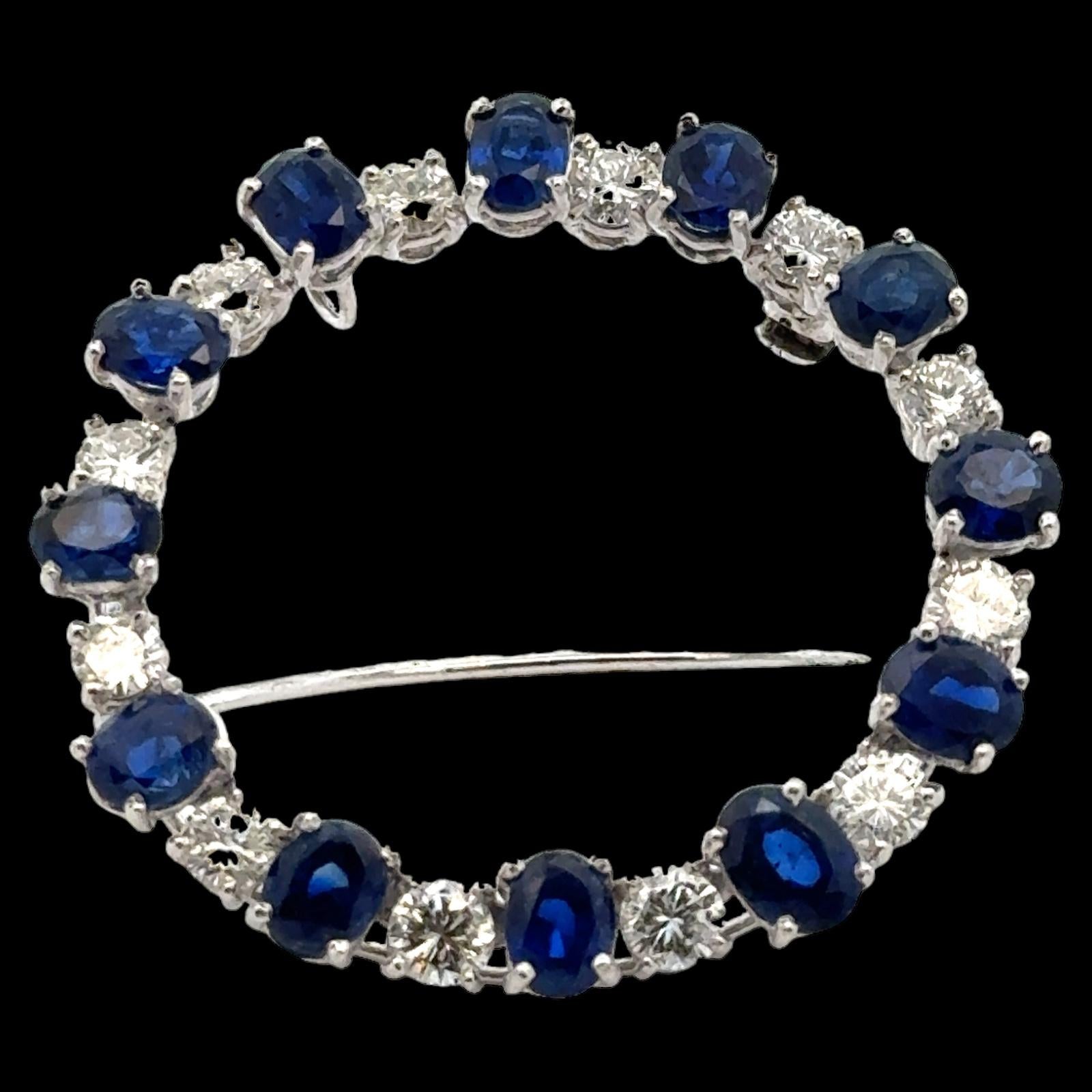 1960's Diamond & Blue Sapphire Platinum Circle Pin Brooch